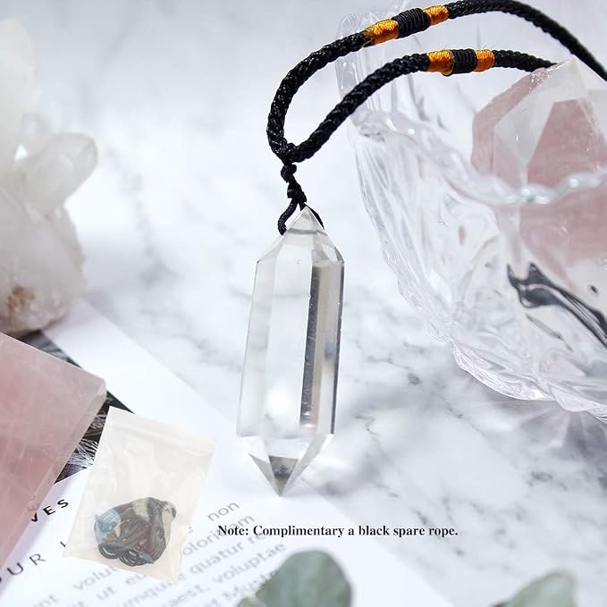 Runyangshi Clear Quartz Healing Crystal Pendants, Double Pointed Natural Crystal Quartz Necklace 6 Faceted Chakra Crystal Wand Stone