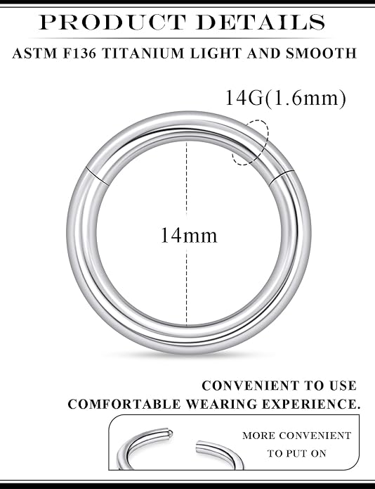 20G 18G 16G 14G 12G 10G 8G 6G 4G 2G Nose Rings Hoops Astm F136 Titanium Clicker Septum Lip Ring Tragus Helix Daith Rook Conch Snug Cartilage Lobe Earrings Hoop Piercing Jewelry For Women Men