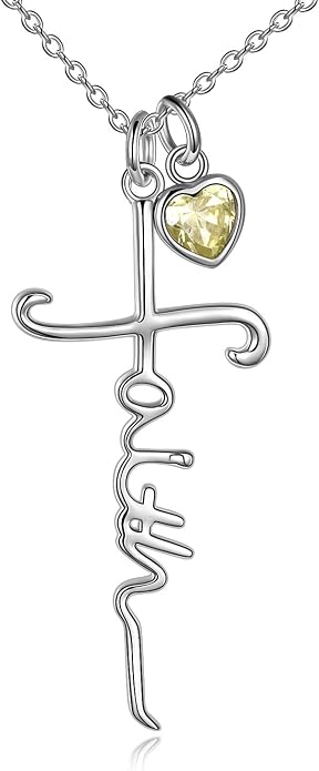 Faith Cross Necklace For Women Birthstone Sterling Silver with Simulated Birthstone Cross Jewelry Christian Gifts