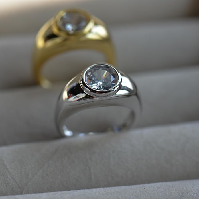 Women's Wide Band Round-Cut 2 Carat CZ Ring | Large Gold Chunky Bezel Halo Statement Ring