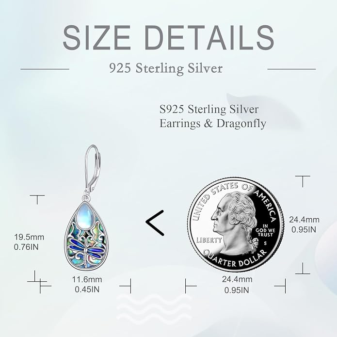 Dragonfly Earrings for Women 925 Sterling Silver Teardrop Leverback Moonstone Earrings Abalone Dangle Earrings Dragonfly Jewelry