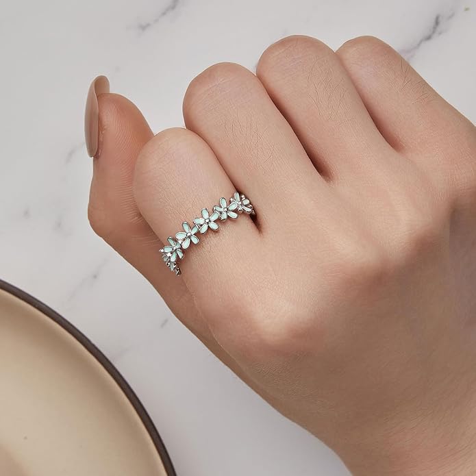 MUNDELL 925 Sterling Silver Dainty Daisy Rings Blue Flower Finger Rings for Women Stacking Promise Rings Fine Jewelry