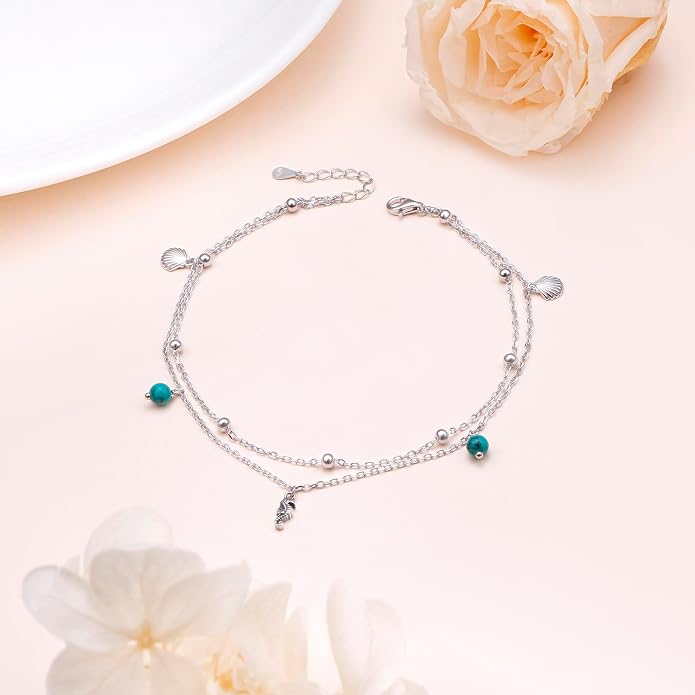 Ladytree S925 Sterling Silver Boho Beach Double Layer Anklets Bracelet for Women Adjustable 9 to 11 inches