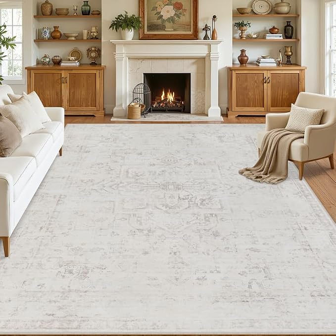 10x12 Area Rug for Living Room: Vintage Boho Neutral Washable Rug Indoor Soft Large Area Rug Carpet for Bedroom Nursery Farmhouse Dining Room Office Floor Non-Slip Low Pile Under Table Neutral Cream