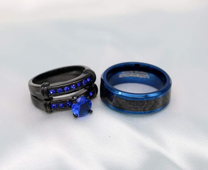 3pcs Matching Rings His and Hers Ring Couple Rings Pruple Cz Womens Wedding Ring Sets Wedding Bands