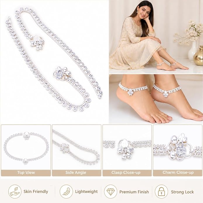 Jewar Anklet Payal Indian Traditional CZ Ad Plain Simple Handmade Natural Gold Plated Jewelry