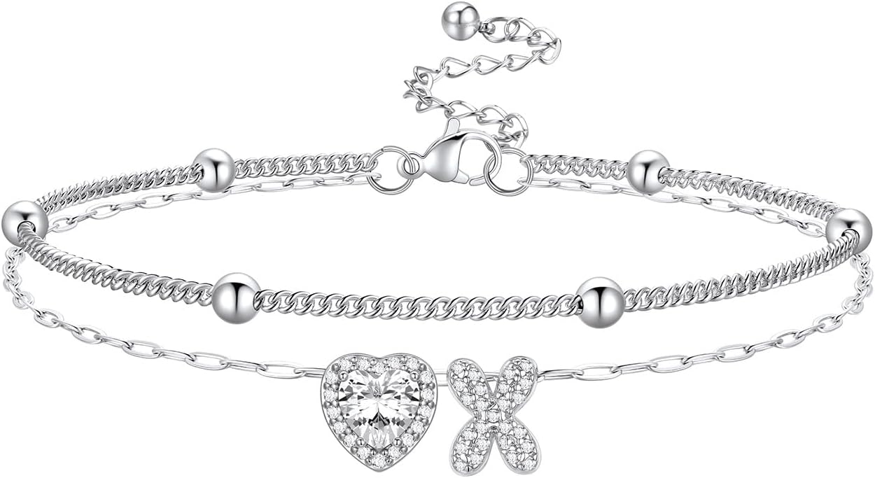 Bestyle Initial Anklet Bracelets for Women Waterproof Non Tarnish 14K Gold/White Gold Plated CZ Anklets for Women Dainty Layered Letter Heart Ankle Bracelets Adjustable Foot Chain Anklet