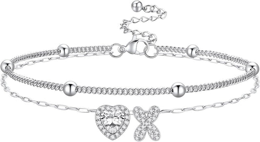 Bestyle Initial Anklet Bracelets for Women Waterproof Non Tarnish 14K Gold/White Gold Plated CZ Anklets for Women Dainty Layered Letter Heart Ankle Bracelets Adjustable Foot Chain Anklet