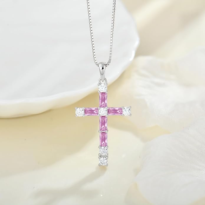 Birthstone Cross Necklace for Women 925 Sterling Silver Christian Religious Crucifix Pendant Rectangular Cut Birthstone Jewelry Gifts for Her