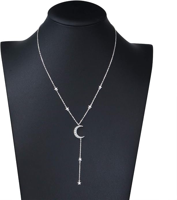 Ladytree 925 Sterling Silver Jewelry Crescent Moon and Star Pendant Necklace