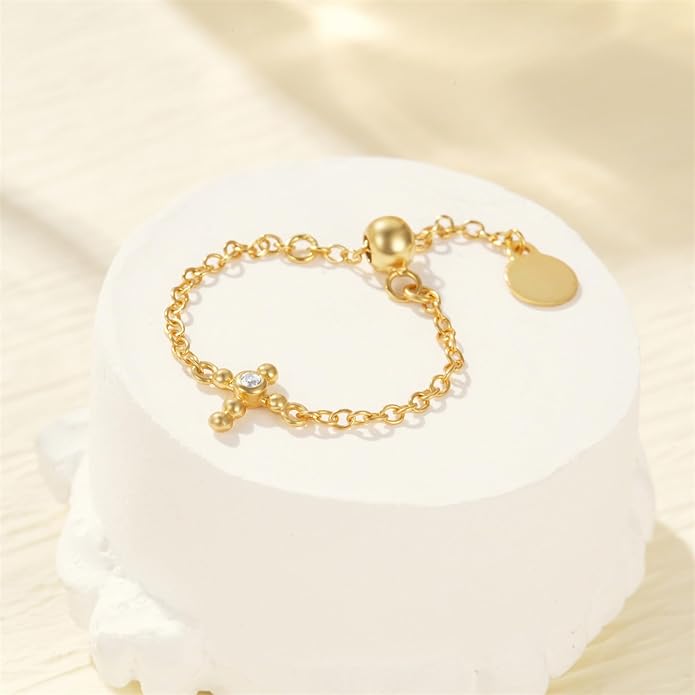 925 Sterling Silver Link Chain Fidget Rings with Dangle Bead Star for Women 14k Gold Plated Adjustable Sparkling Twist Rope Ring Stackable Line Finger Ring Jewelry Christmas Gifts for Mom