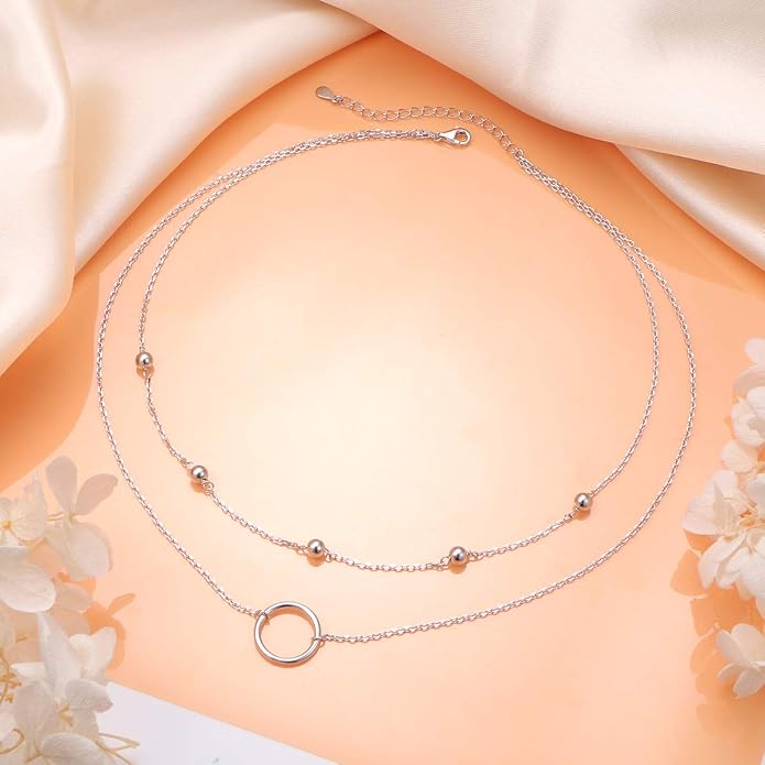 Layered Choker Necklaces for Women S925 Sterling Silver Circle/Heart/Cross/Star Multi Layered Necklace Handmade Bead Chain Adjustable Jewelry for Birthday