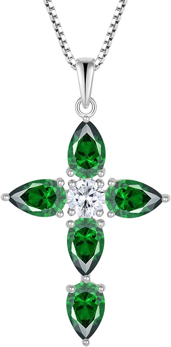 Cross Necklace for Women 925 Sterling Silver Teardrop Birthstone Pendant Religious Jewelry Gifts for Women