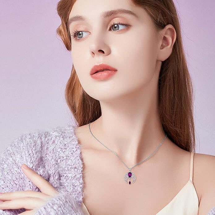 AOBOCO Sterling Silver Celtic Crescent Moon Goddess Pendant Irish Good Luck Necklace with Birthstone Crystal, Celtic Moon Jewelry Gift for Women Mom Wife