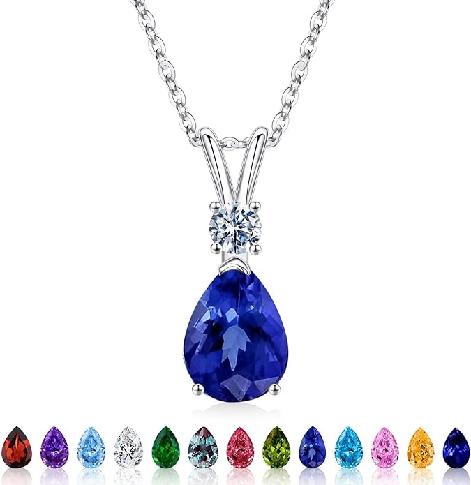 Iefil 925 Sterling Silver Birthstone Necklaces for Women - Teardrop Birthstone Jewelry, Anniversary Birthday Gifts for Women Wife Her