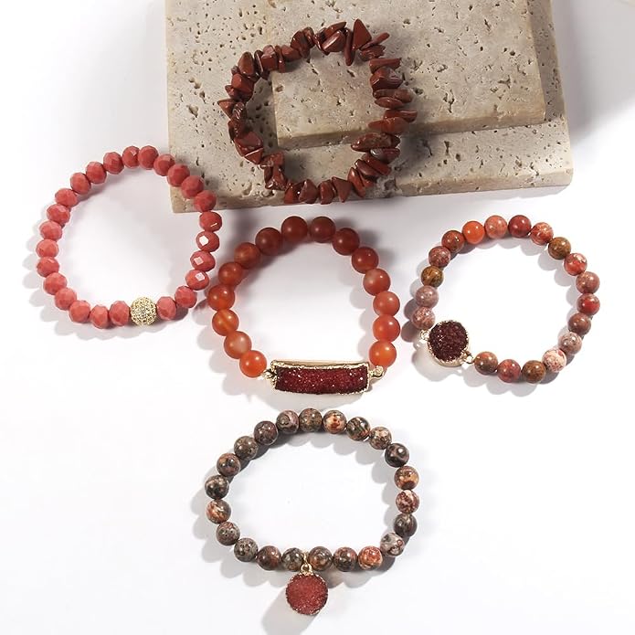 Yomisa 5PCS 6PCS Natural Boho Beaded Bracelets/Bangle for Women Men,Healing Turquoise Jasper Agate Crystal Gemstone Stone Chakra Multilayer Wrap Bohemian Handmade Jewelry Beads Stretch Bracelet Set