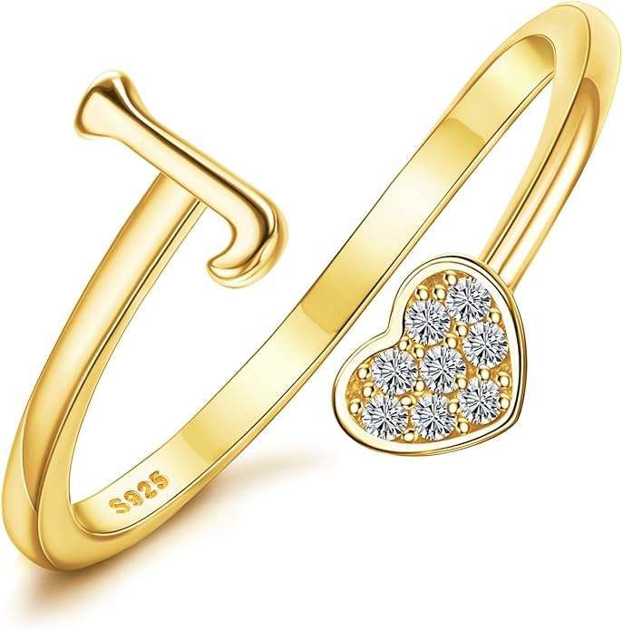 MILACOLATO 925 Sterling Silver Initial Rings for Women Teen Girl 18K Gold Plated Heart Initial Rings Adjustable Capital Letter Ring Stackable Thumb Pinky Rings for Daughter Birthday Bridesmaid Gifts Jewelry, A to Z