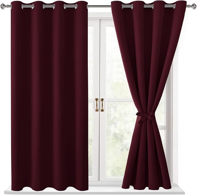 Hiasan Blackout Curtains for Bedroom, 52 x 54 Inches Long - Thermal Insulated & Light Blocking Window Curtains for Living Room Christmas Decor, 2 Drape Panels Sewn with Tiebacks, Burgundy