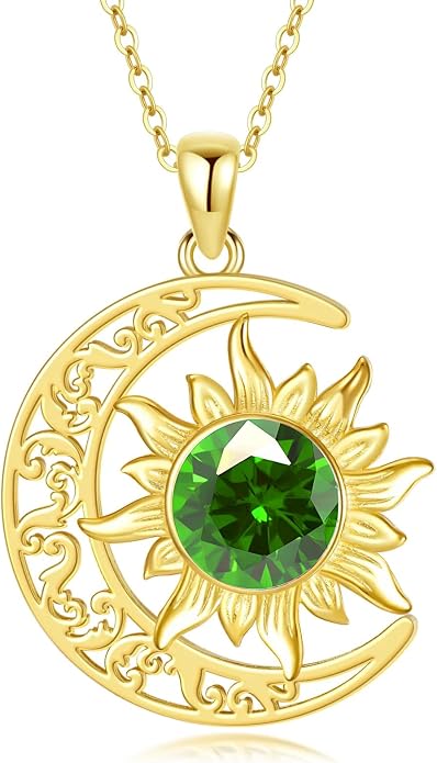 Crescent Moon Necklace for Women 18K Gold Plated Silver Moon and Sun Pendant with Gemstone Dainty Birthstone Jewelry Pendant Necklace for her