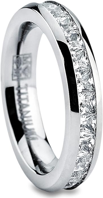 Metal Masters 3MM High Polish Princess Cut Ladies Eternity Titanium Ring Wedding Band with Cubic Zirconia CZ Size 4 To 9