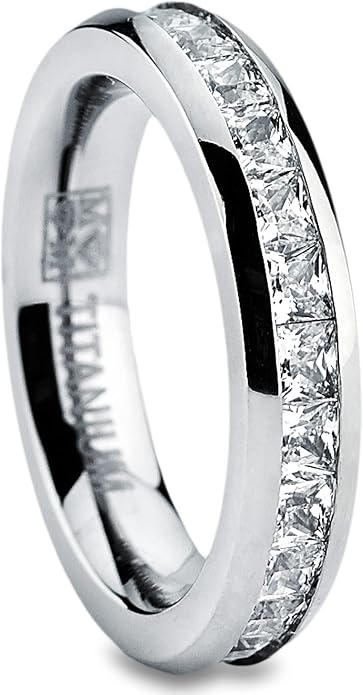 Metal Masters 3MM High Polish Princess Cut Ladies Eternity Titanium Ring Wedding Band with Cubic Zirconia CZ Size 4 To 9