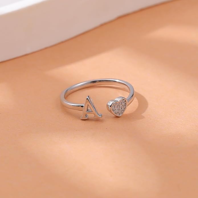 LOVECOM Initial Heart Rings for Women 925 Sterling Silver Gold Adjustable Letter Name Ring Non Tarnish Trendy Stuff Alphabet Letter CZ Stackable Ring Jewelry Gifts for Mom Daughter Sister
