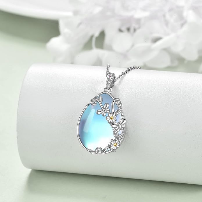 YAFEINI 925 Sterling Silver Moonstone Necklace Filigree Teardrop Pendant Necklace Jewelry for Women Girls