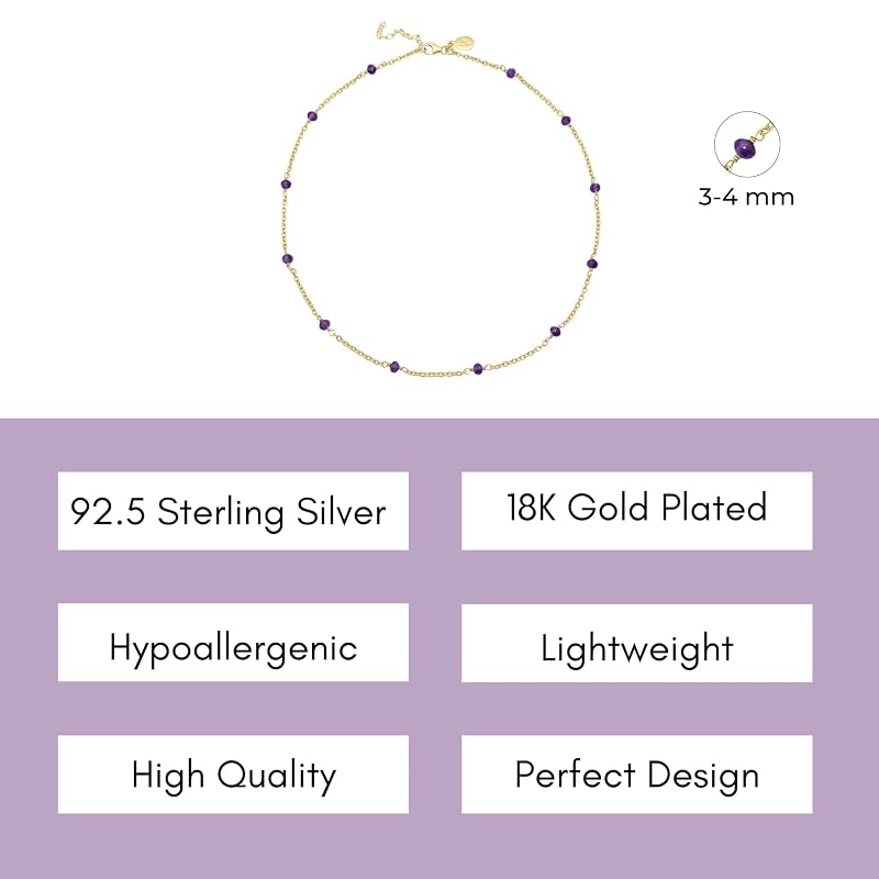 Amethyst Necklace for Women, Premium Beaded Gold Necklaces for Women - Tarnish Free 18K Gold Vermeil Certified S925 Classic Statement Necklace Gold Jewelry for Women - Mothers Day Gifts for Mom Wife