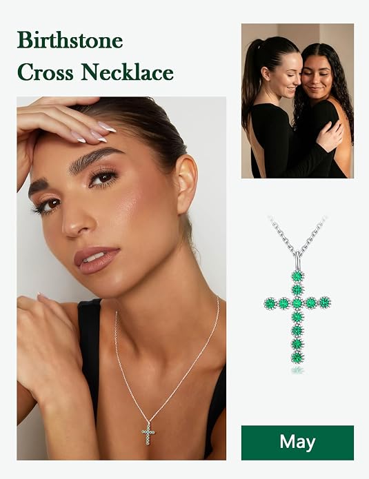 Sterling Silver Cross Necklace for Women Birthstone Religious Jewelry