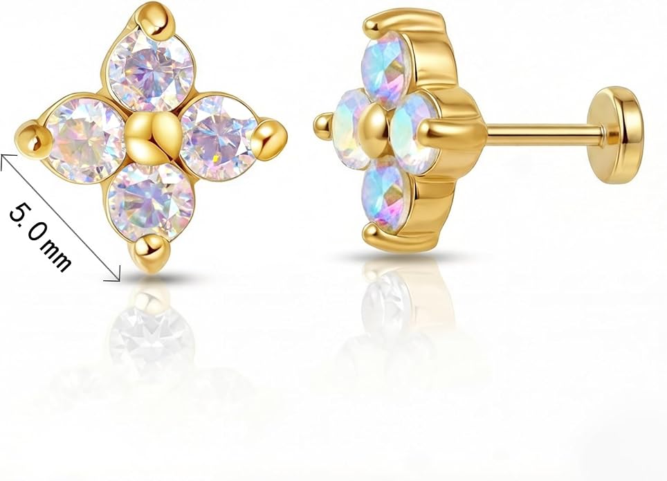 FANSING Short Threadless Cartilage Earring Stackable CZ Birthstone Flat Back Earrings for Women Small Stud Earrings for Tragus Helix Earlobe 18K Gold Plated ‌Rainbow 5.0mm