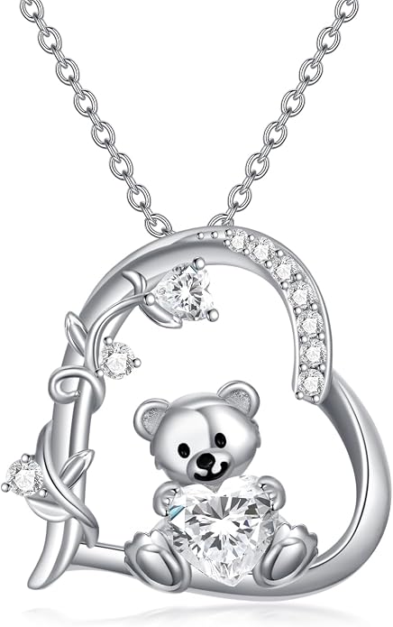 PELOVNY Teddy Bear Necklace for Women 925 Sterling Silver Bear/Highland Cow/Fox/Cat/Axolotl Birthstone Necklace Christmas Birthday Jewelry Gifts for Mom Daughter Wife Sister