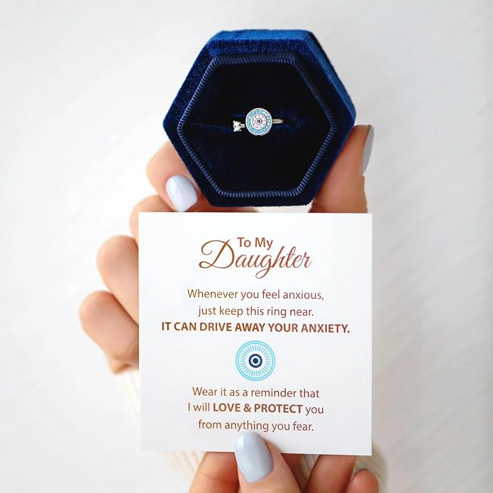 LIU JUN To My Daughter - Evil Eye Fidget Ring For Women, It Can Drive Away Your Anxiety CZ Spinning Adjustable Inspirations Gift Jewelry