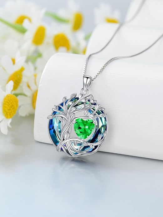 TOUPOP Tree of Life Birthstone Necklace Sterling Silver Pendant Birthstone Necklaces with Blue Crystal Anniversary Birthday Jewelry for Women Mom Wife Her