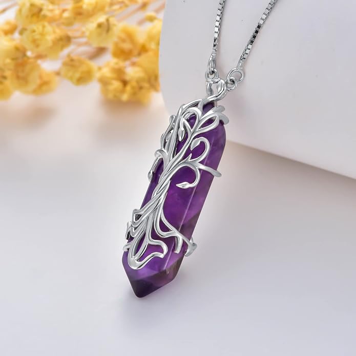 Healing Crystal Necklace 925 Sterling Silver Sunflower/Tree of Life Wrapped Pendant Reiki Energy Jewelry for Women