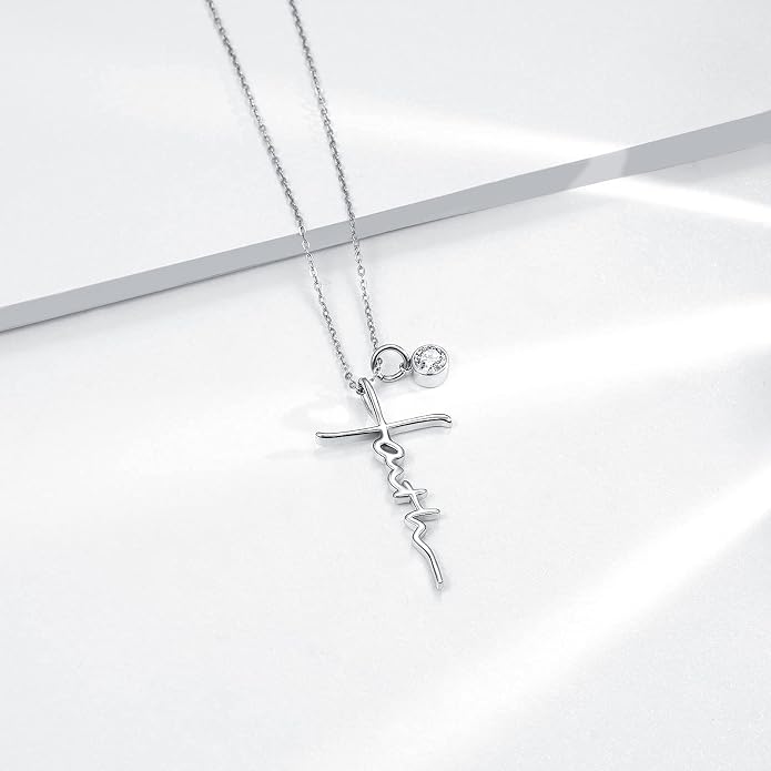 PRAYMOS Faith Cross Necklace for Women 925 Sterling Silver Pendant Necklace With Birthstone Initial Christian Religious Confirmation Baptism Mothers Day Gifts