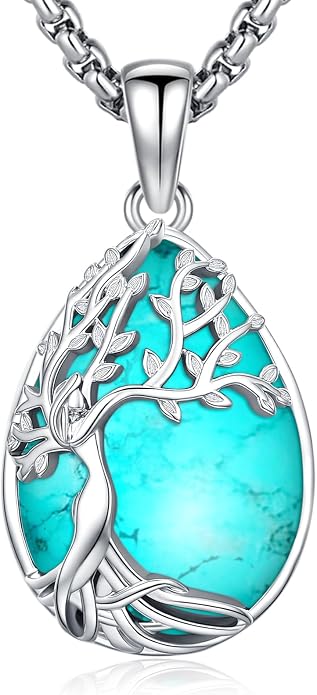 Turquoise/Amethyst/Moonstone/Black Onyx Tree of Life Necklace for Women Hummingbird Necklaces White Gold Plated Copper Jewelry