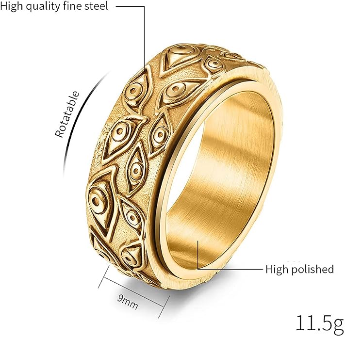 JAJAFOOK Stainless Steel Vintage Evil Eye of God Ring Spinner Ring Stress Relieving Anxiety Ring for Men