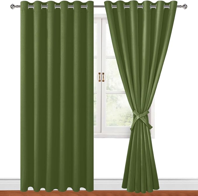 Hiasan Room Darkening Curtains for Bedroom, 70 x 84 Inches - Thermal Insulated & Energy Saving Window Drapes for Living Room/Dorm Room, Set of 2 Panels Sewn with Tiebacks, Olive Green