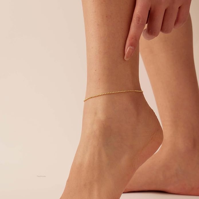 Dainty Ankle Bracelets for Women 18K Gold Plated Satellite Beaded Herringbone Lip Chain Anklets Simple Minimalist Summer Beach Foot Jewelry Christmas Gifts