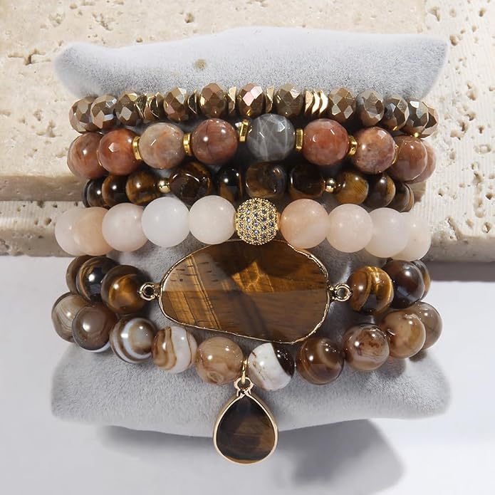 Yomisa 5PCS 6PCS Natural Boho Beaded Bracelets/Bangle for Women Men,Healing Turquoise Jasper Agate Crystal Gemstone Stone Chakra Multilayer Wrap Bohemian Handmade Jewelry Beads Stretch Bracelet Set