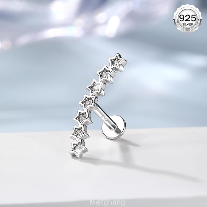 Melighting 925 Sterling Sliver Star Cartilage Earring Internally Threaded Flat Back Earring 16G 8 mm Curved Helix Piercing Jewelry Helix Stud for Women