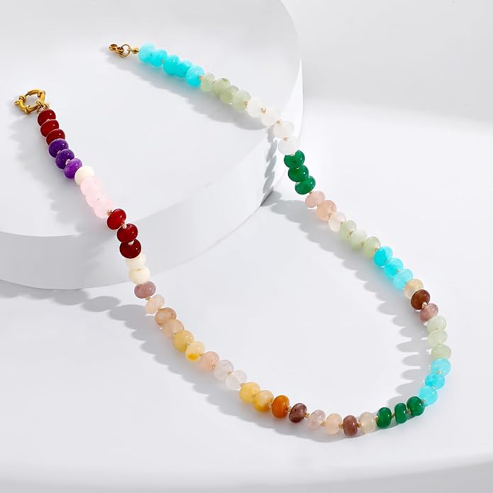 LALAPPLE Colorful Beaded Gemstone Necklace for Women, Boho Rainbow Bead Choker with Natural Stone Crystal Beads, Handmade Summer Beach Necklace Jewelry