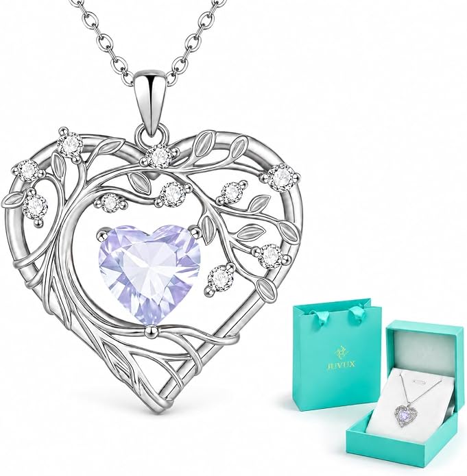 Tree of Life Birthstone Pendant Necklace - 925 Sterling Silver Heart Cubic Zirconia Diamond Women Pendant Necklaces for Her Daughter Girlfriend Birthday Gift Ideas for Wife Mom for Valentines Day