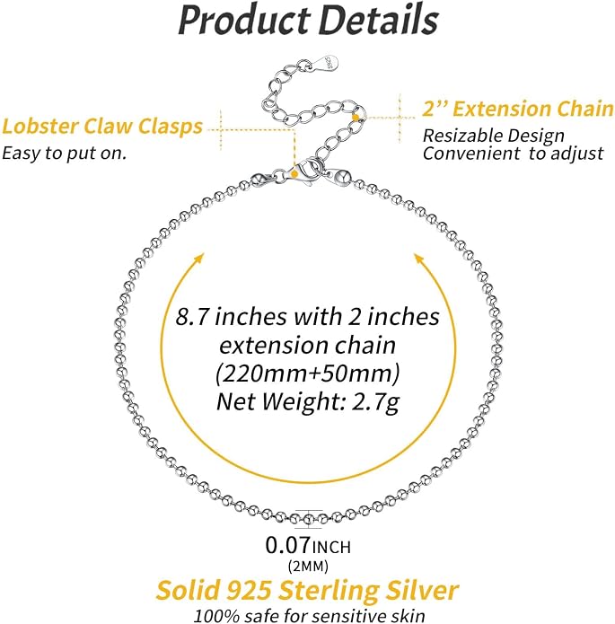 ChicSilver 925 Sterling Silver Ankle Bracelet for Women, Simple Cuban Link/Figaro/Twist Rope Chain Anklets for Beach Party(with Gift Box)