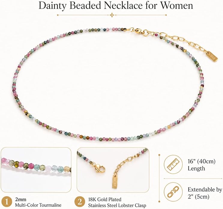 COAI 2mm & 3mm Danity Tiny Bead Necklace for Women, Stone Beaded Crystal Necklace for Women, Sodalite, Australian Jasper, Red Carnelian, Tourmaline, Amethyst, Turquoise Jewelry