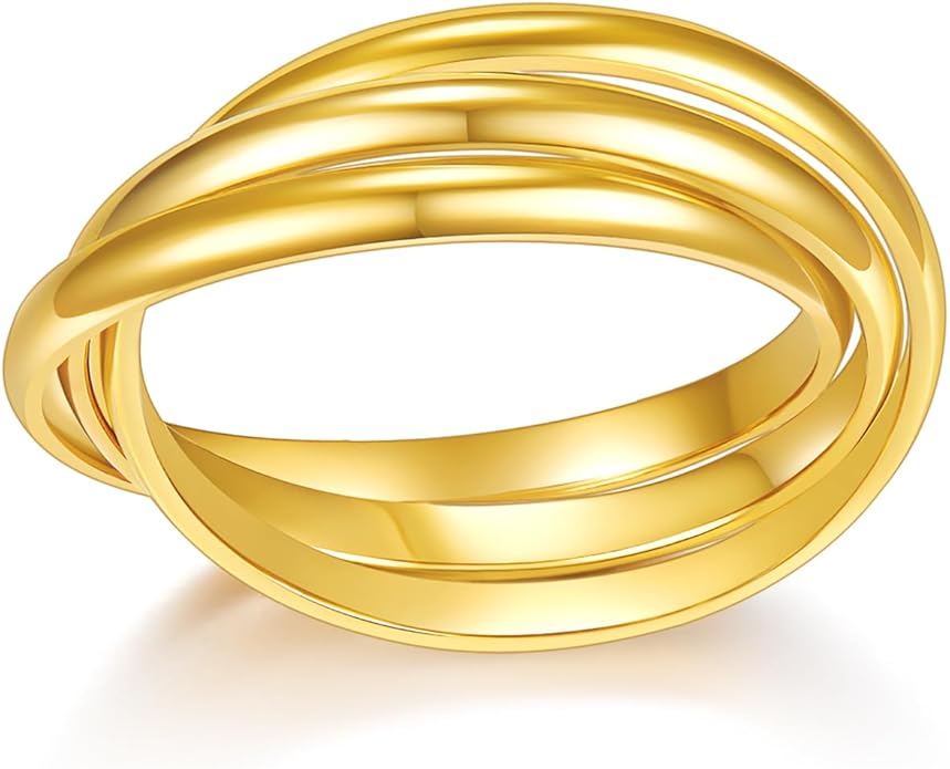 BORUO 925 Sterling Silver Ring, 14K Gold Plated Waterproof Fidget Anxiety Ring, Triple Row Rolling Interlocking Stacking High Polish Band for Women, Men| Each Band Width 1.8mm 3mm Size 4-12