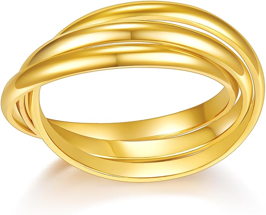 BORUO 925 Sterling Silver Ring, 14K Gold Plated Waterproof Fidget Anxiety Ring, Triple Row Rolling Interlocking Stacking High Polish Band for Women, Men| Each Band Width 1.8mm 3mm Size 4-12