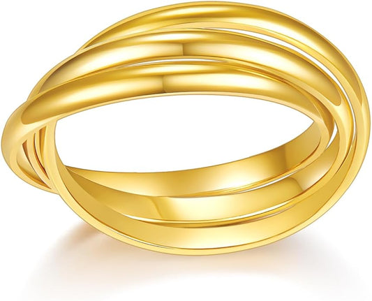 BORUO 925 Sterling Silver Ring, 14K Gold Plated Waterproof Fidget Anxiety Ring, Triple Row Rolling Interlocking Stacking High Polish Band for Women, Men| Each Band Width 1.8mm 3mm Size 4-12