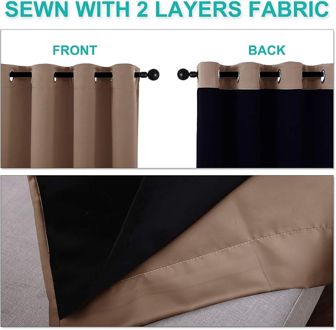 NICETOWN 100% Blackout Curtains Thermal, Noise Reduction and Privacy Curtains for Patio Door, Black Lined Blackout Drapes with Grommet Top, Cappuccino, 1 Pair, W37 x L40