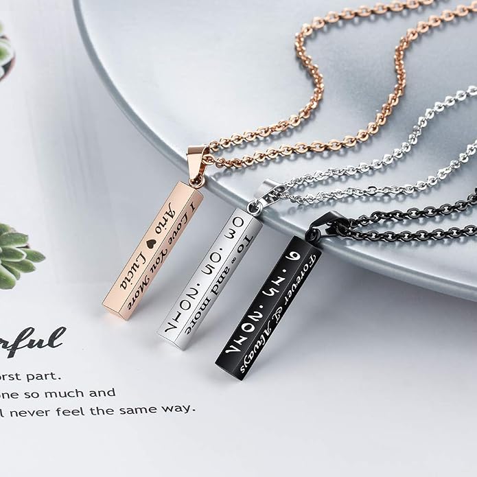 Personalized Engraved Necklace for Women Men Custom Stainless Steel Necklace Engraved Name Vertical Bar Necklace Birthday Gifts for Boyfriend (Black)